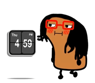 A Cartoon Character With Glasses Stands Next To A Flip Clock That Says Thursday At 4:59 Pm GIF