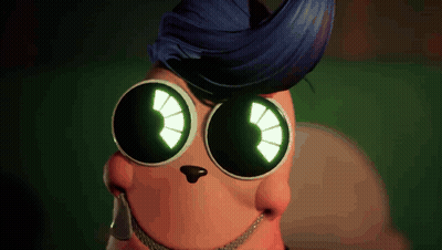 A Cartoon Character With Glowing Eyes And A Blue Mohawk GIF