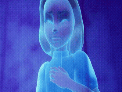 A Cartoon Character With Glowing Eyes And A Blue Shirt GIF