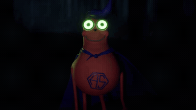 A Cartoon Character With Glowing Eyes And A Cape That Says Sb GIF