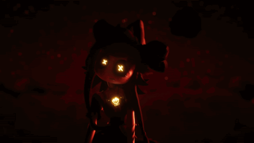 A Cartoon Character With Glowing Eyes And Skulls On Her Chest GIF