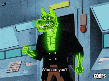 A Cartoon Character With Glowing Green Arms And Legs Says " Who Are You " GIF