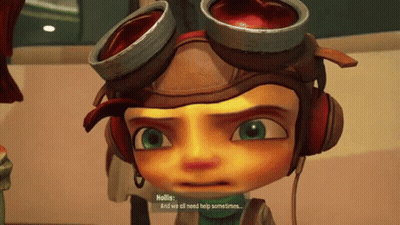 A Cartoon Character With Goggles And Headphones Is Talking To Hollis GIF