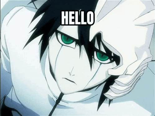 A Cartoon Character With Green Eyes And The Word Hello Written On His Face GIF
