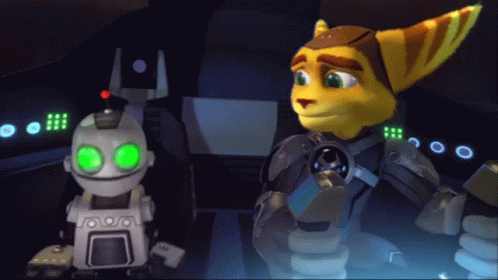 A Cartoon Character With Green Eyes Is Standing Next To Another Character GIF