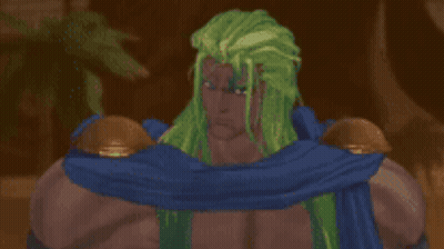 A Cartoon Character With Green Hair And A Blue Scarf Around His Neck GIF