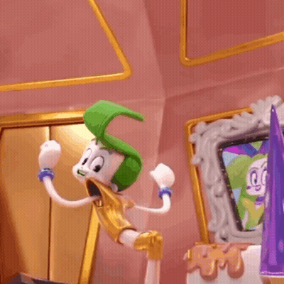 A Cartoon Character With Green Hair And A Gold Outfit Is Standing In Front Of A Picture Frame . GIF