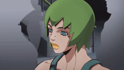 A Cartoon Character With Green Hair And Blue Eyes Has A Yellow Lip GIF