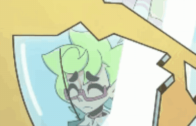 A Cartoon Character With Green Hair And Glasses Is Looking Out Of A Glass Shield . GIF