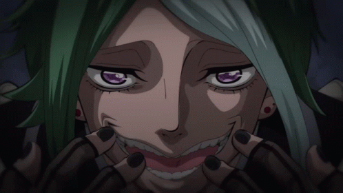 A Cartoon Character With Green Hair And Purple Eyes Is Making A Funny Face GIF