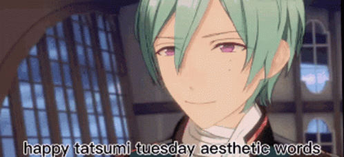 A Cartoon Character With Green Hair And Purple Eyes Is Smiling And Says Happy Tatsumi Tuesday Aesthetic Words . GIF