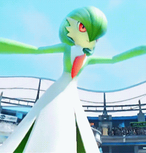 A Cartoon Character With Green Hair And Red Eyes Is Standing In Front Of A Crowd GIF