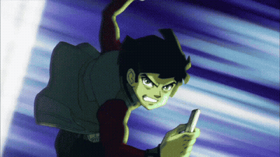 A Cartoon Character With Green Hair Is Holding A Cell Phone In His Hand GIF