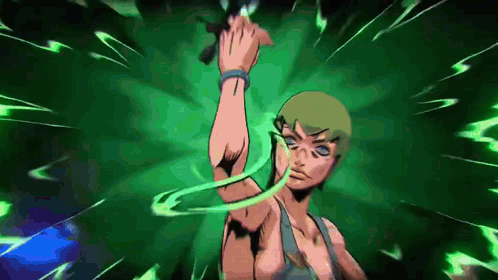 A Cartoon Character With Green Hair Is Holding A Sword In Front Of A Green Background GIF