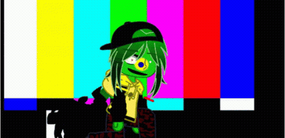 A Cartoon Character With Green Hair Is Sitting In Front Of A Colorful Background . GIF