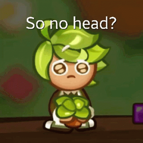 A Cartoon Character With Green Hair Is Sitting On A Table Holding A Leaf And Asking So No Head ? GIF