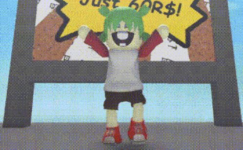 A Cartoon Character With Green Hair Is Standing In Front Of A Sign That Says Just 60 Dollars GIF