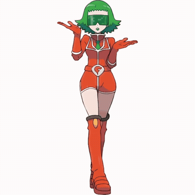 A Cartoon Character With Green Hair Is Wearing A Red Outfit With The Letter F On It GIF