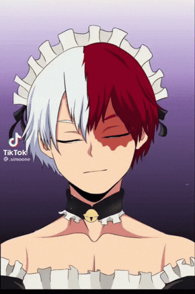 A Cartoon Character With Half Red And Half White Hair Is Wearing A Maid Outfit GIF