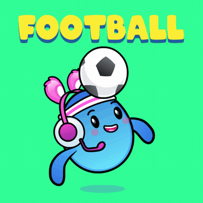 A Cartoon Character With Headphones And A Soccer Ball On His Head With The Word Football Behind Him GIF