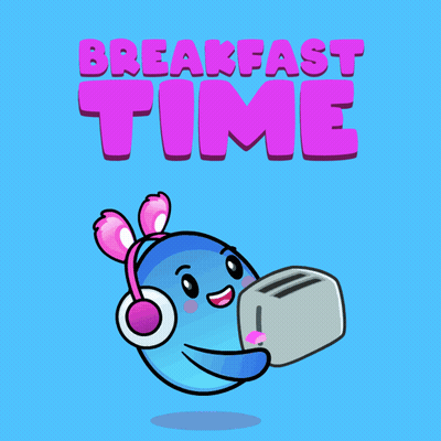 A Cartoon Character With Headphones Is Holding A Toaster And The Words Breakfast Time Are Above It GIF