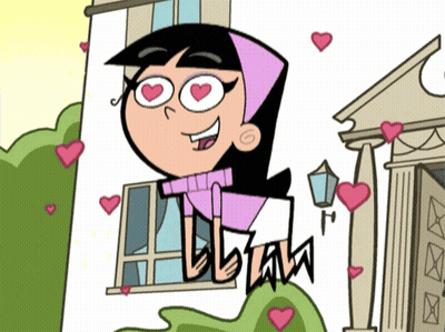 A Cartoon Character With Hearts In Her Eyes Is Standing In Front Of A Building With Hearts Flying Around Her GIF
