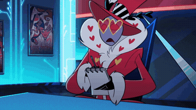 A Cartoon Character With Hearts On His Face Is Holding A Notepad In Front Of A Love Potion Poster GIF