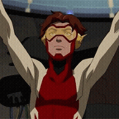 A Cartoon Character With His Arms Outstretched Is Wearing A Red And White Costume . GIF