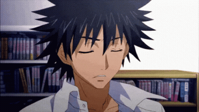 A Cartoon Character With His Eyes Closed Stands In Front Of A Bookshelf Full Of Books GIF