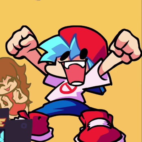 A Cartoon Character With His Fist In The Air And A Girl Behind Him GIF