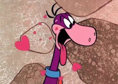 A Cartoon Character With His Tongue Hanging Out And Hearts Coming Out Of His Mouth GIF