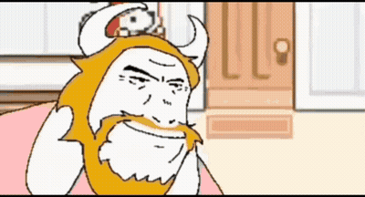 A Cartoon Character With Horns And A Beard Is Smiling GIF