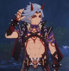 A Cartoon Character With Horns And A Purple Top GIF