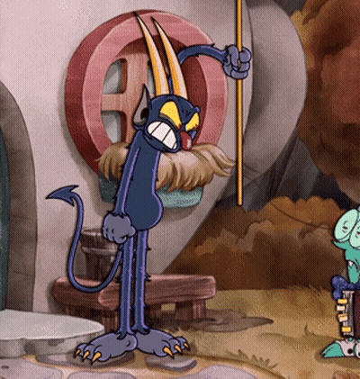 A Cartoon Character With Horns And A Tail Is Holding A Pole GIF