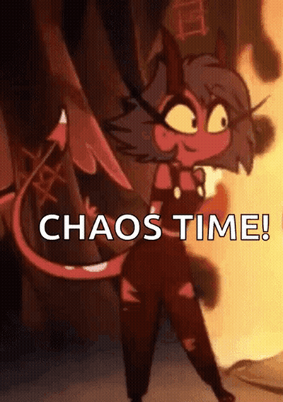 A Cartoon Character With Horns And A Tail Is Standing In Front Of A Fire And Says `` Chaos Time '' . GIF