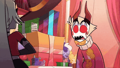 A Cartoon Character With Horns And Red Eyes Is Standing Next To A Woman In A Room . GIF