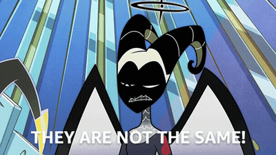 A Cartoon Character With Horns And The Words " They Are Not The Same " GIF