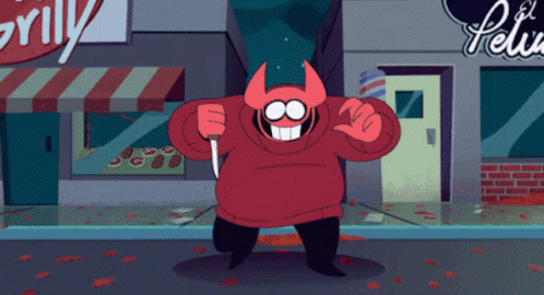 A Cartoon Character With Horns Is Holding A Knife In Front Of A Petco GIF