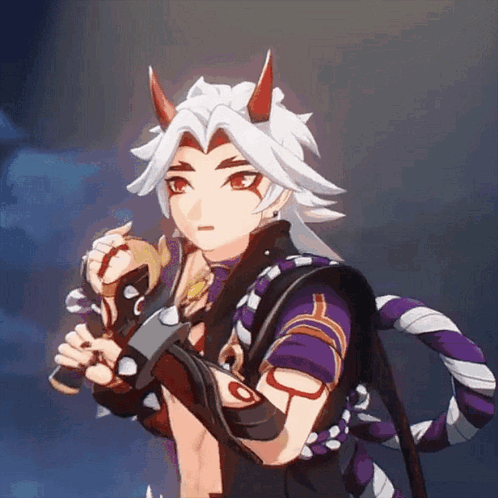 A Cartoon Character With Horns Is Holding A Sword GIF