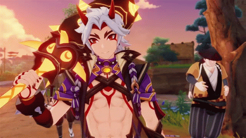 A Cartoon Character With Horns Is Holding A Sword In His Hand GIF