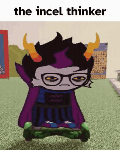 A Cartoon Character With Horns Is Sitting On A Skateboard With The Words The Incel Thinker Below Him GIF