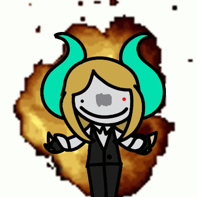 A Cartoon Character With Horns Is Smiling In Front Of A Fire Explosion GIF