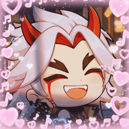A Cartoon Character With Horns Is Smiling With Hearts Around Him GIF