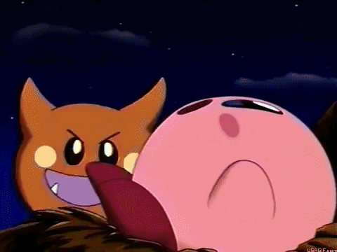 A Cartoon Character With Horns Is Standing Next To A Pink Cartoon Character With A Purple Tongue Sticking Out . GIF