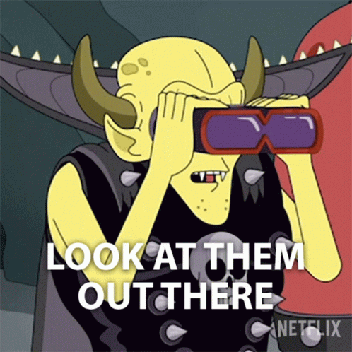 A Cartoon Character With Horns Is Wearing Binoculars And Says Look At Them Out There GIF