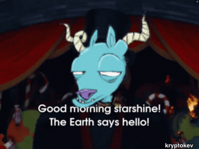 A Cartoon Character With Horns Says Good Morning Starshine The Earth Says Hello GIF