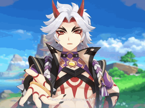 A Cartoon Character With Horns Says " Hey You 'Re Finally Back " GIF