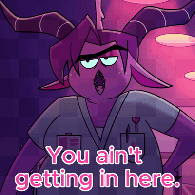 A Cartoon Character With Horns Says You Ain T Getting In Here GIF