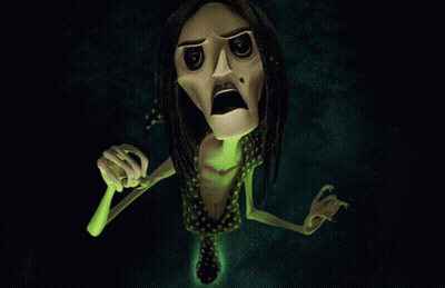A Cartoon Character With Long Black Hair And Green Arms Is Making A Scary Face GIF