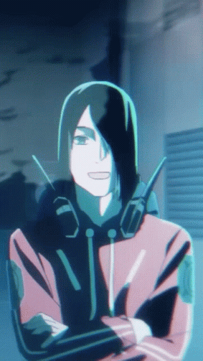 A Cartoon Character With Long Black Hair And Headphones On GIF